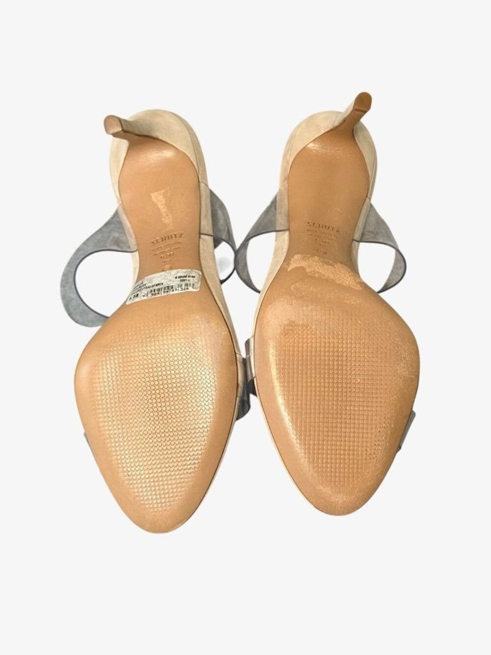 Schutz Ariella PVC Suede Stiletto Sandals 6.5 Clear Nude Oyster 7 Party Worn 1x - Picture 5 of 10